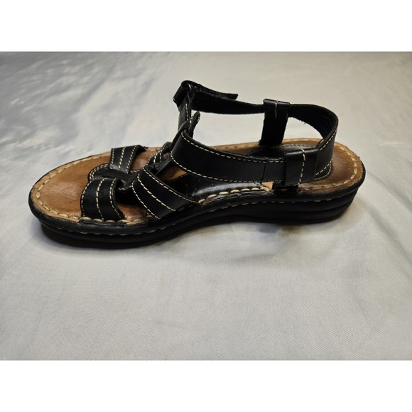 Minnetonka Womens 7.5 Black Brown Leather Sandals Slingback Adj Closure Comfort - Picture 4 of 9
